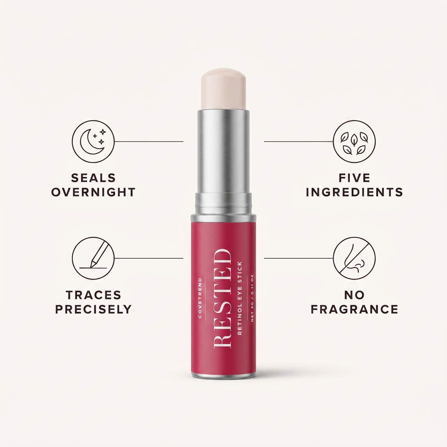 RESTED benefits: seals overnight, traces precisely, five ingredients, no fragrance