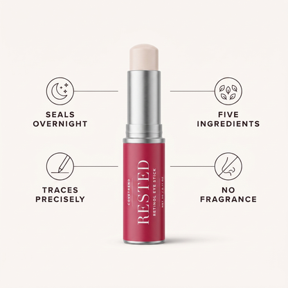 RESTED benefits: seals overnight, traces precisely, five ingredients, no fragrance