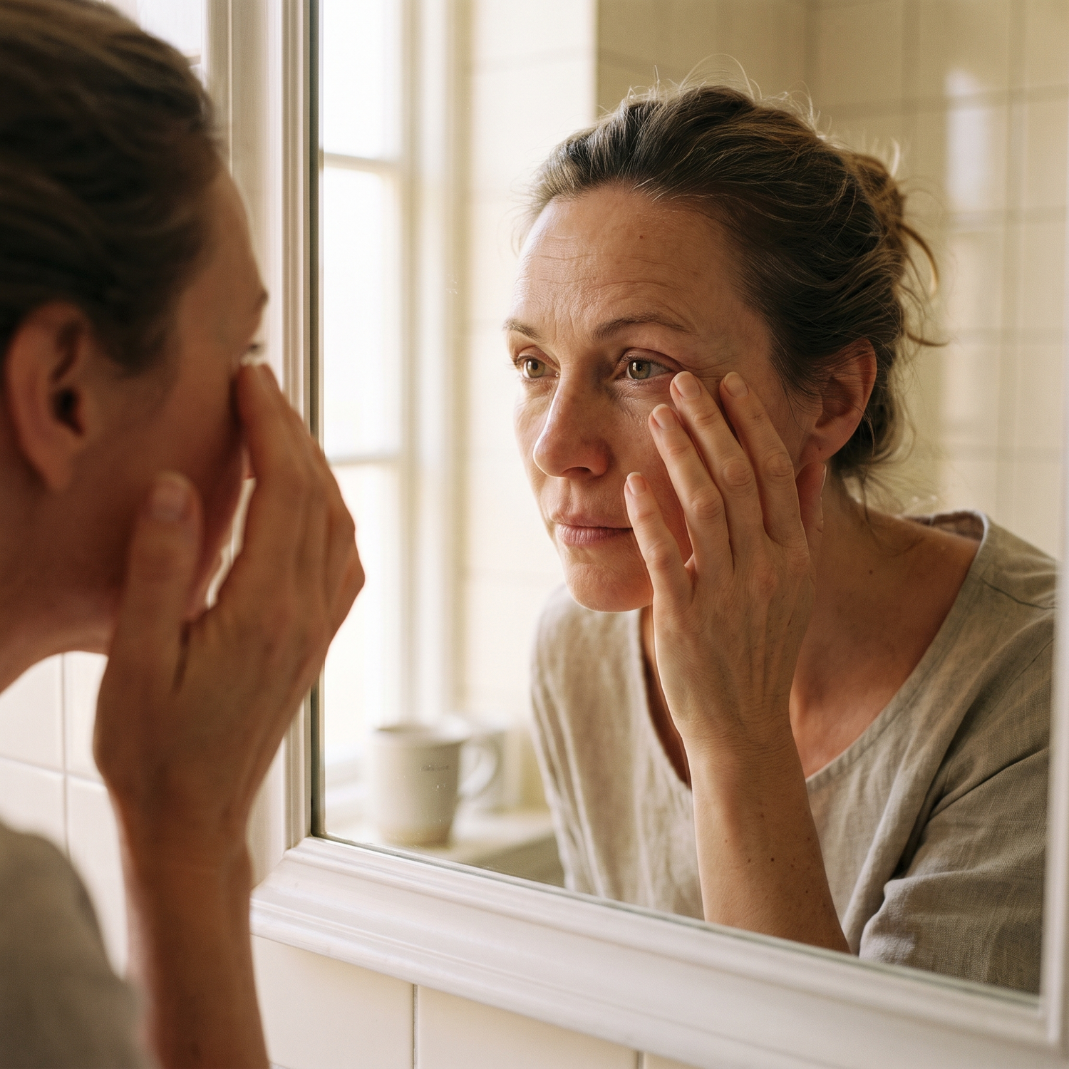 Woman in her forties checking the skin around her eye in the morning mirror