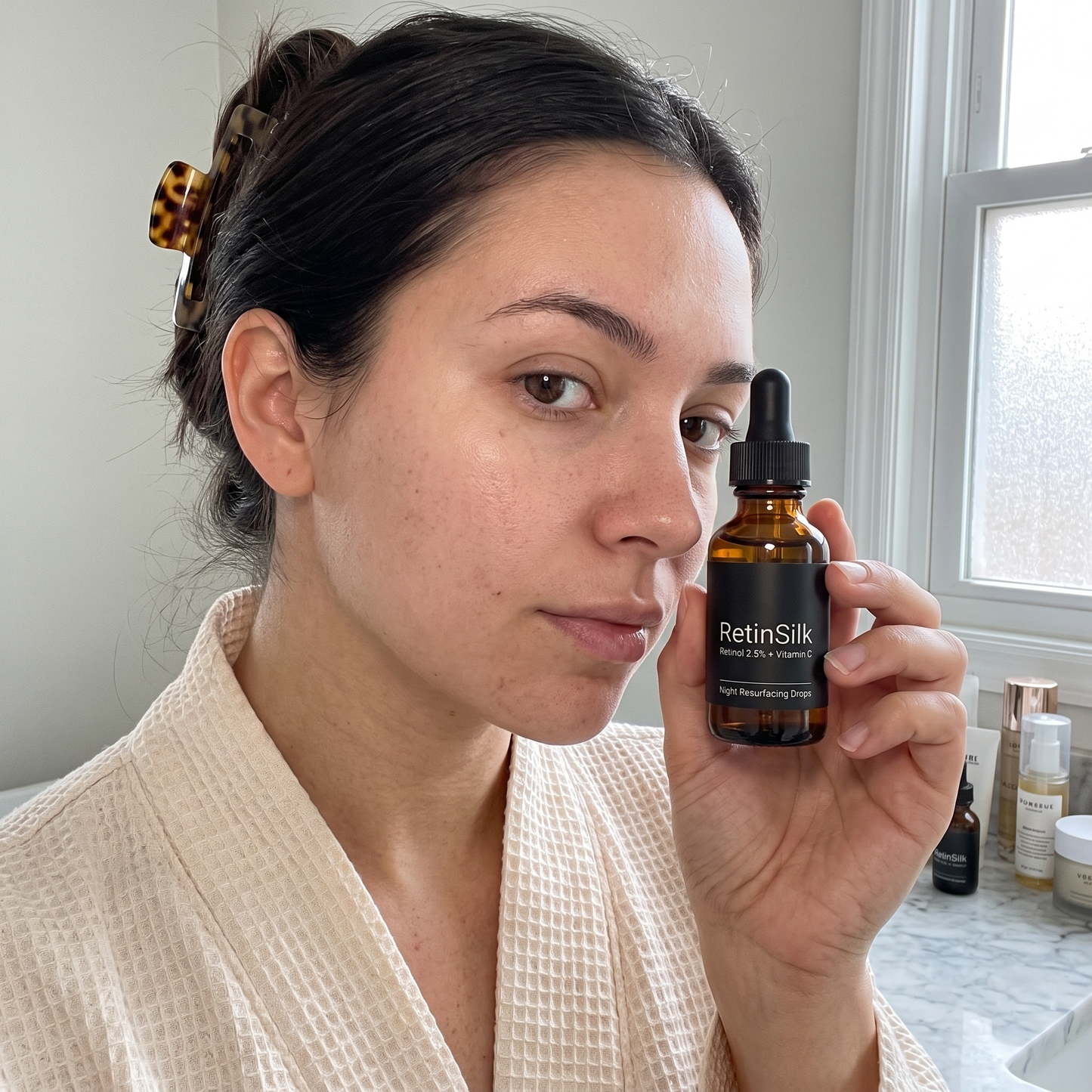 Woman holding RetinSilk Night Resurfacing Drops