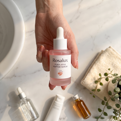 Holding Rosalux serum on marble bathroom counter
