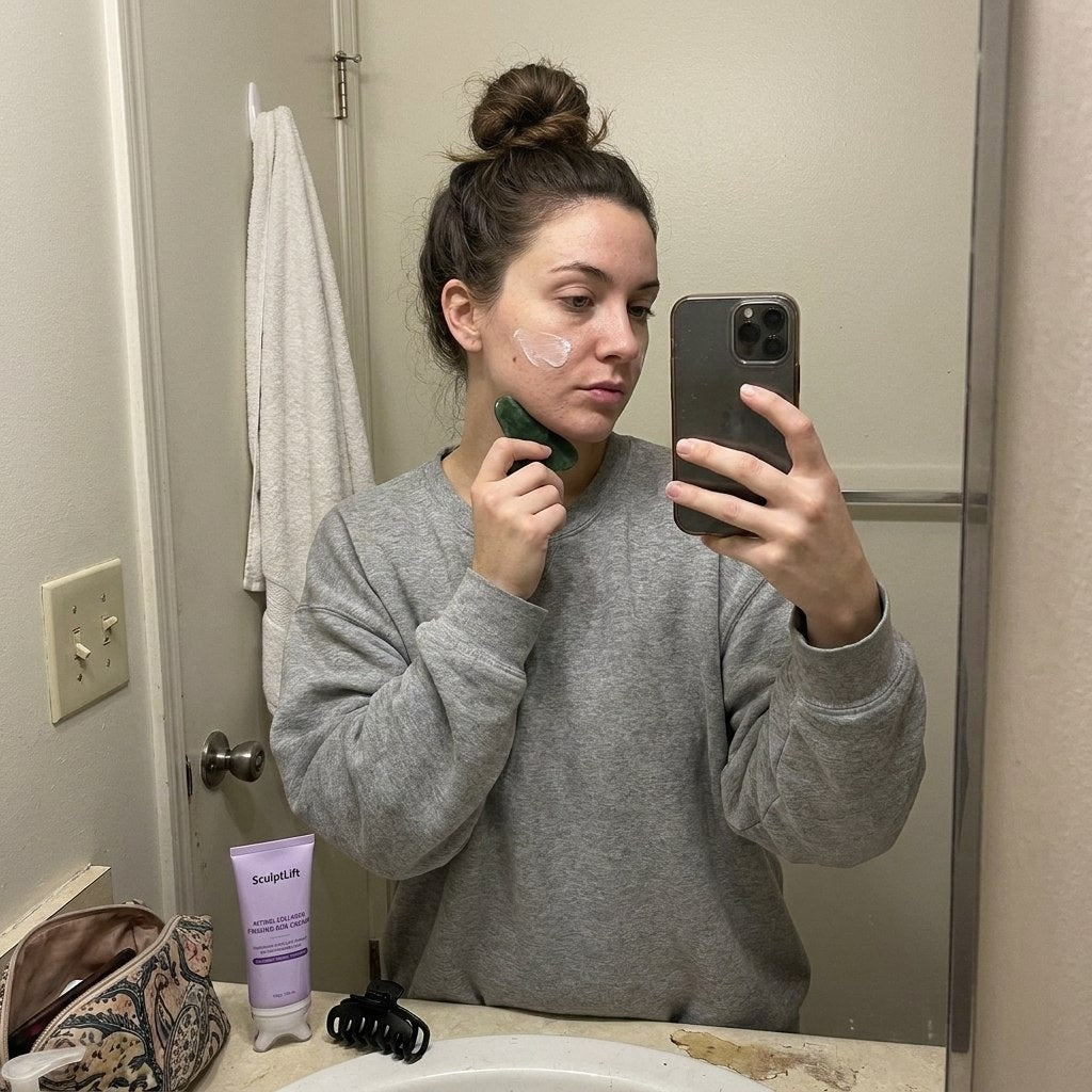 Woman using SculptLift Firming Gua Sha Cream