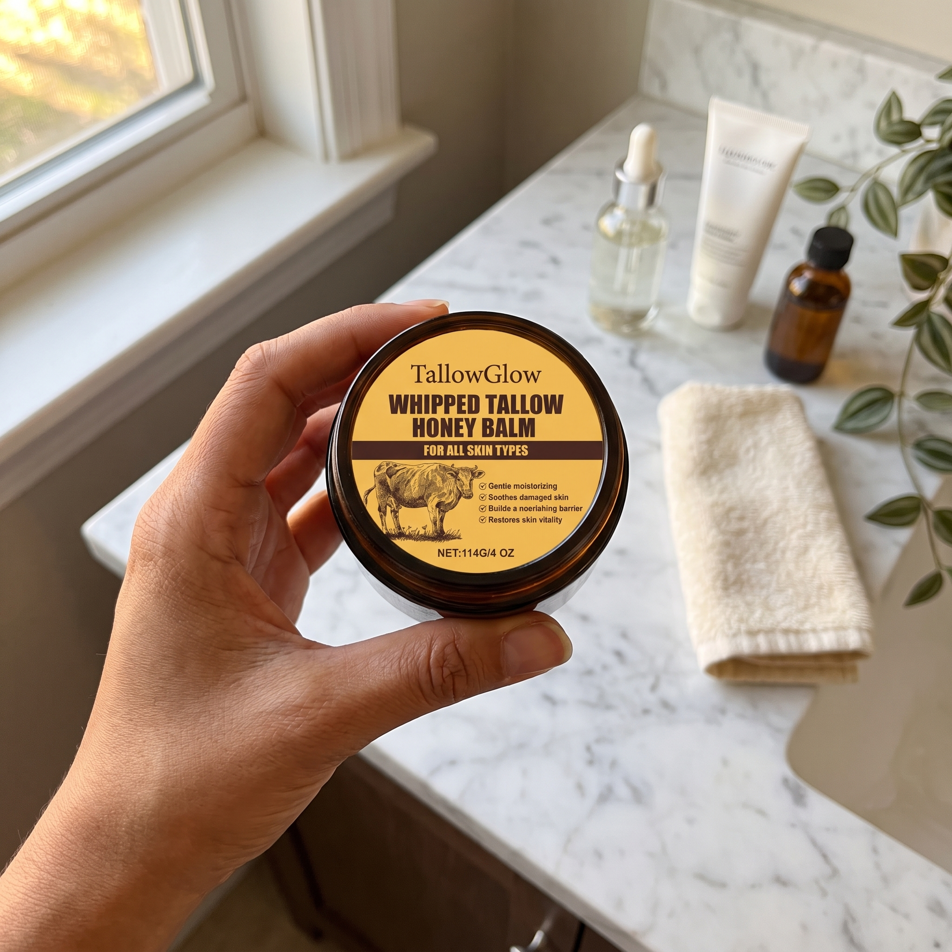 Holding TallowGlow Whipped Tallow Honey Balm on marble bathroom counter
