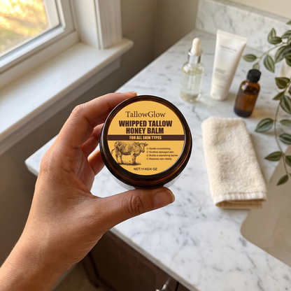 Holding TallowGlow Whipped Tallow Honey Balm on marble bathroom counter